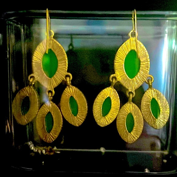 Green Gem Marquise Chandelier 14k Gold Plated Statement Dangle Earrings - Picture 5 of 5